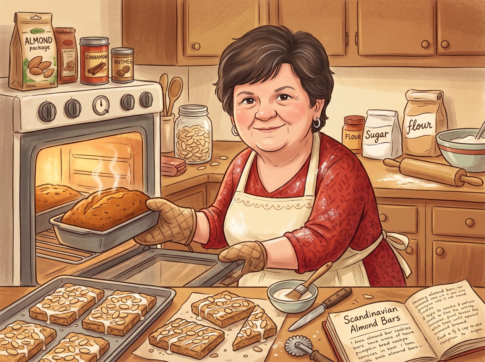 Illustration of Nanny in her kitchen, taking a loaf from the oven beside a tray of almond bars